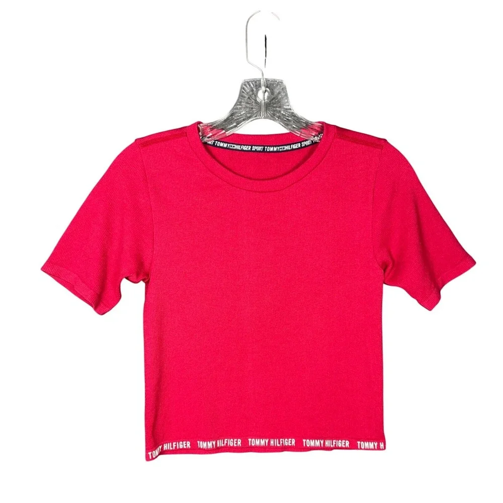 Tommy Hilfiger Womens Vintage Ribbed Baby Tee Small Red Sport Logo Crop Top